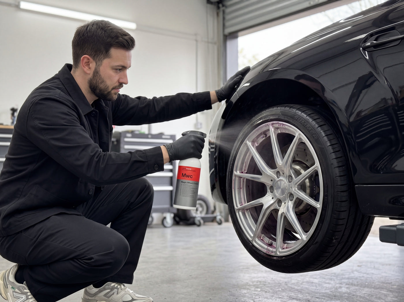 Detailing1 Techniker sprüht Koch-Chemie Magic Wheel Cleaner Mwc Felgenreiniger auf die silberne Alufelge eines schwarzen Spor