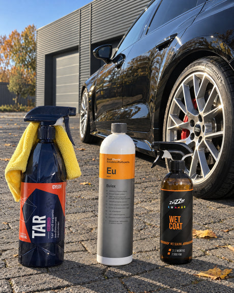 Detailing1 tree sap kit — GYEON Q²M Tar, Koch-Chemie Eulex "Eu" and ZviZZer Wet Coat in front of the Audi RS 5