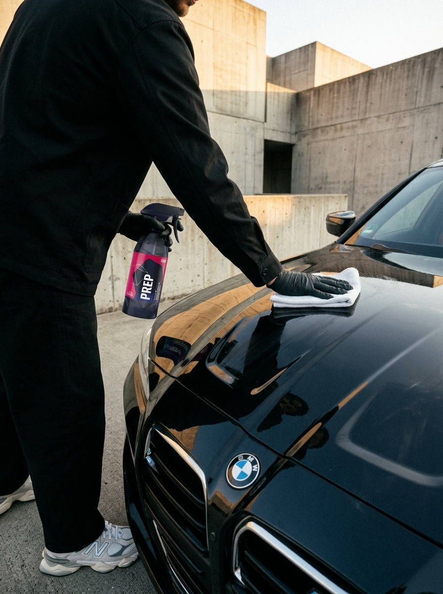 Anwendung von GYEON Q²M Prep mit Mikrofasertuch auf dunklem poliertem Lack