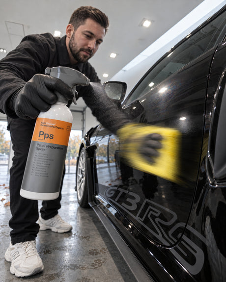 Detailing1 paint check — Daniel sprays Koch-Chemie Panel Preparation Spray Pps on the door and wipes with microfibre