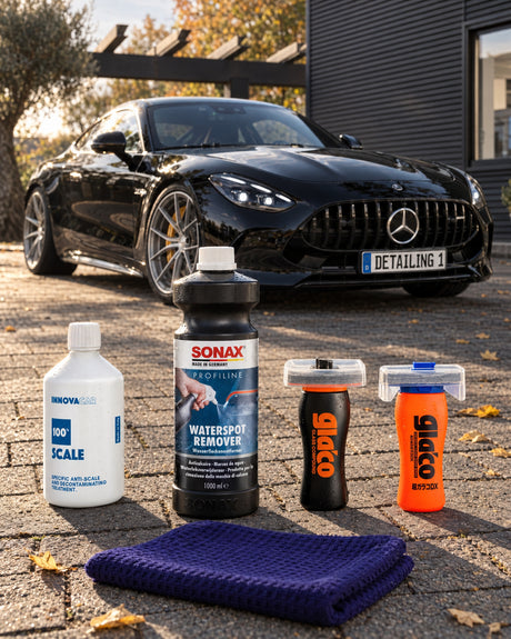 INNOVACAR "100%" Scale, SONAX PROFILINE Waterspot Remover, Soft99 Glaco Glass Compound Roll On, Soft99 Glaco DX und THE COLLE