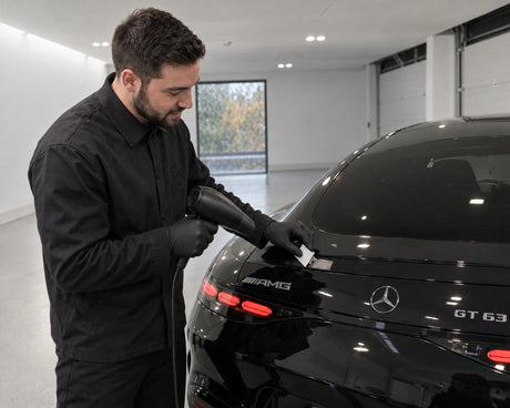 Detailing1 removing a sticker on a black Mercedes-AMG GT 63 — hairdryer warms the adhesive, plastic card lifts the corner