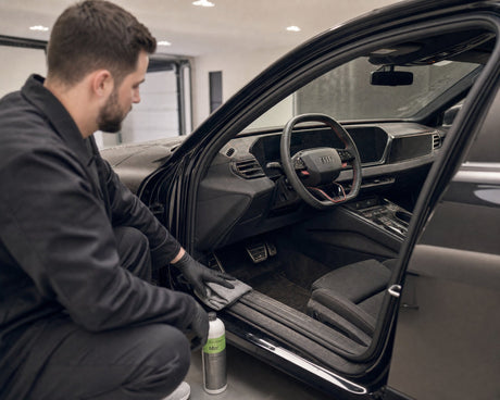 Daniel beginnt die Innenraumreinigung am offenen Fahrertuer eines schwarzen Audi RS 5