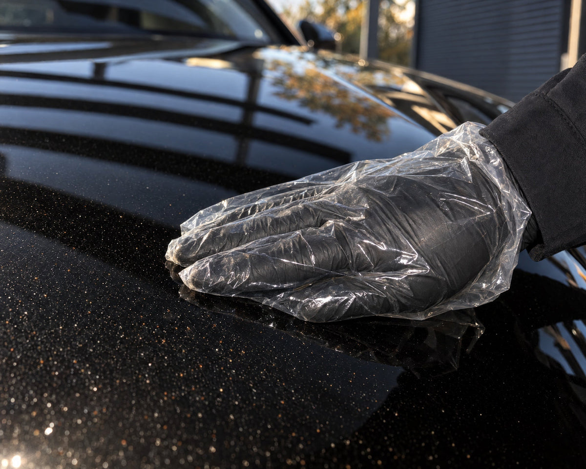 Detailing1 touch test on a black Audi RS 5 — hand in a plastic bag over iron fallout and industrial fallout on the bonnet