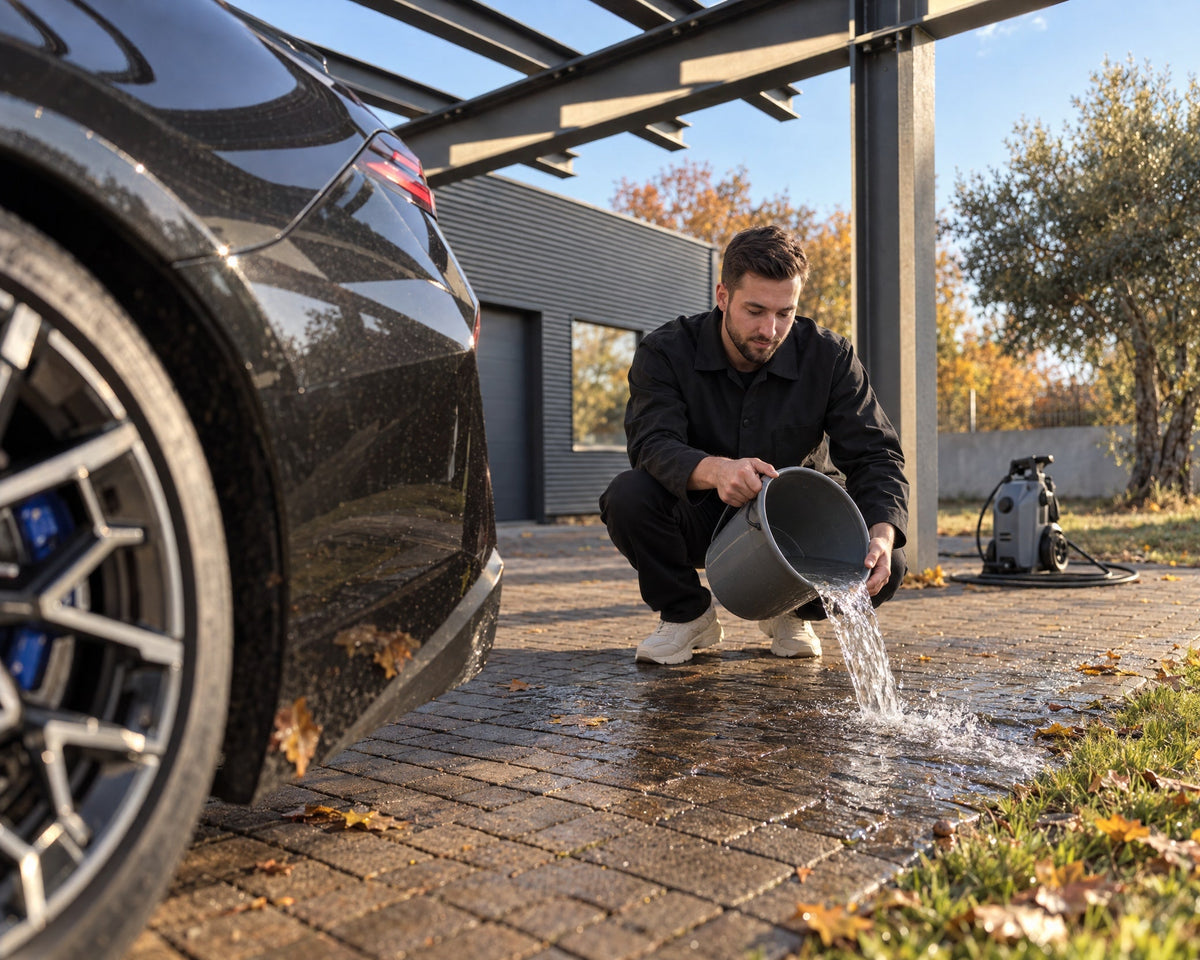 Detailing1 Washing your car at home — Daniel tips water onto the carport paving next to the BMW M5 to see where it runs