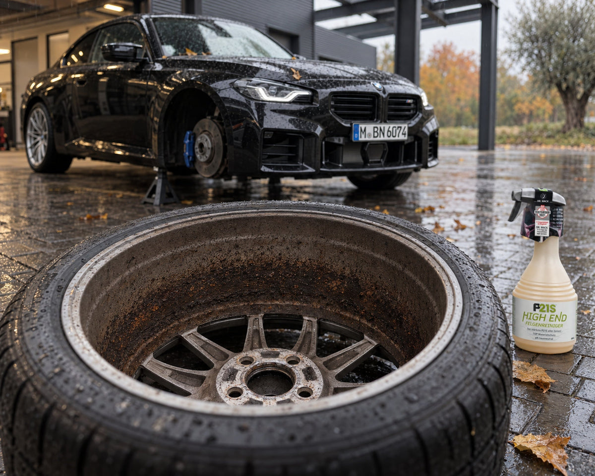 Dr. Wack P21S HIGH END Felgenreiniger neben abgenommenem BMW-M2-Rad mit eingebranntem Bremsstaub im Felgenbett