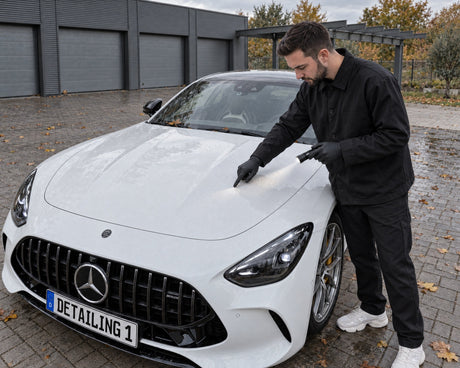 Detailing1 dried-on water spots on a white Mercedes-AMG GT 63, Daniel checks limescale spots with a torch and fingernail