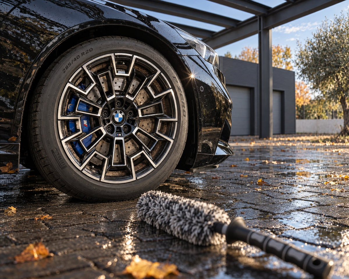 THE COLLECTION Flex Brush microfibre wheel brush on wet pavement in front of a black BMW M5's brake-dust-covered wheel
