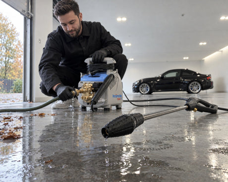 Detailing1 winterising a pressure washer — Daniel unhooks the garden hose on the Kränzle K 1050 P, water drips off the lance