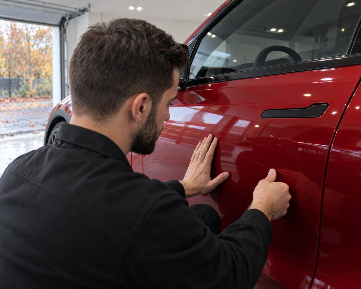 Detailing1 polishing out scratches — Daniel runs the fingernail test over a fine scratch on the red door of the Tesla Model Y