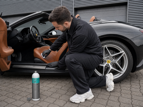 Daniel von Detailing1 trägt Koch-Chemie Leather Star Ls auf das perforierte Cuoio-Leder eines Ferrari Roma Spider Sportsitzes auf — gezeigt im Artikel Lederpflege fürs Auto im Frühjahr