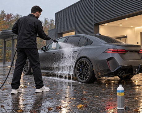 Detailing1 matte paint care: Daniel pre-foams a matte grey saloon in the rain with Koch-Chemie Gentle Snow Foam "Gsf"