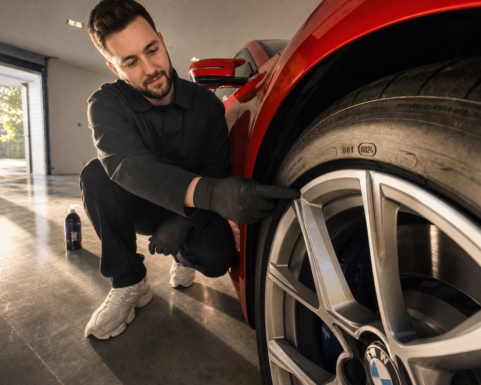 Detailing1 GYEON Q² Tire Ceramic Tire Protecant am Vorderrad des BMW M2, Daniel prüft die DOT-Nummer auf der Reifenflanke