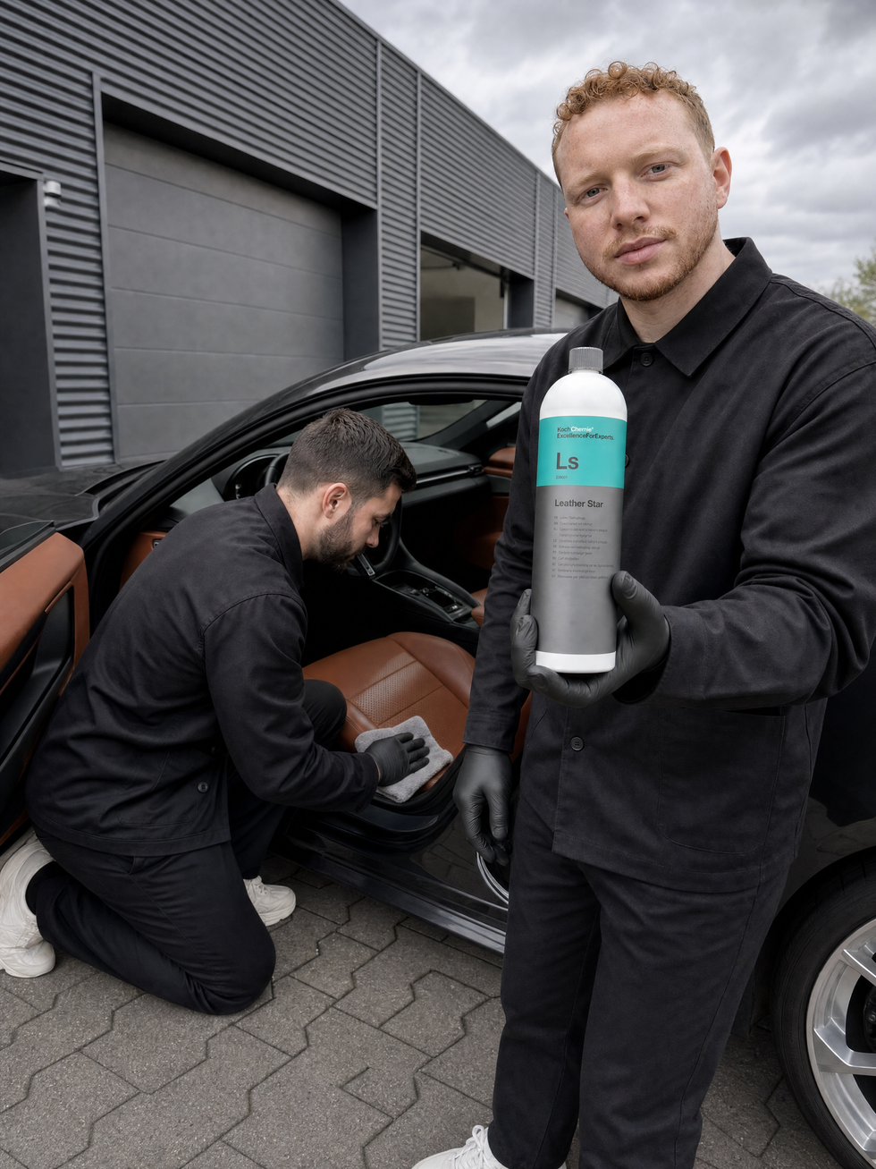 Detailing1 Hero: Lederpflege - Daniel pflegt cognac Leder mit Koch-Chemie Leather Star (Mobile)