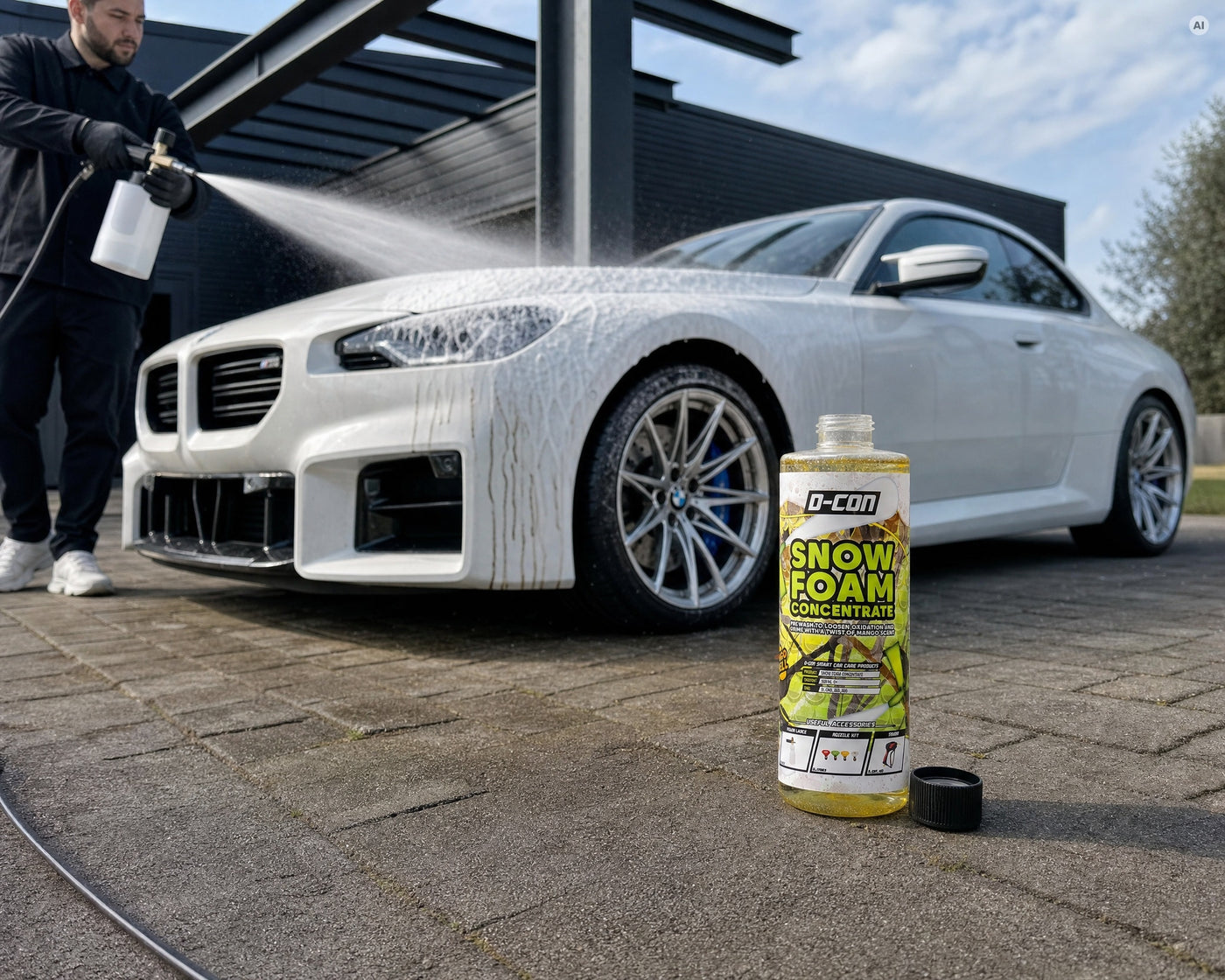 Detailing1 D-CON Snow-Foam-Concentrate 500 ml: Vorwaesche mit der Schaumlanze am weissen BMW M2 (Desktop)