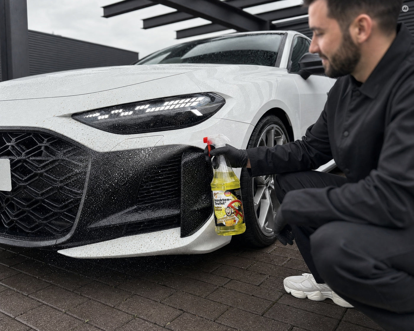 Detailing1 Insektenentferner: TUGA Chemie Insekten-Teufel an der Front eines weißen Audi RS 5