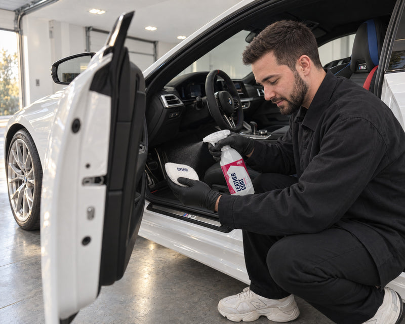 Detailing1 Hero: Lederversiegelung — Jeans-Abfärbung auf Autoleder vorbeugen: gereinigtes Leder versiegeln (Spine leder-jeans