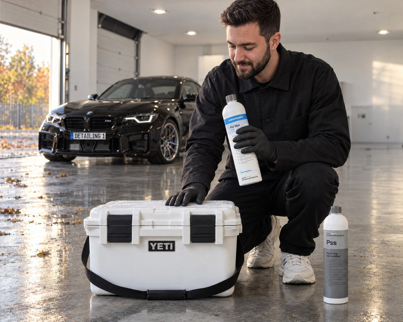 Daniel from Detailing1 with COLOURLOCK Pol Star at the YETI LoadOut GoBox 30, next to Koch-Chemie Plast Star Pss, BMW M2