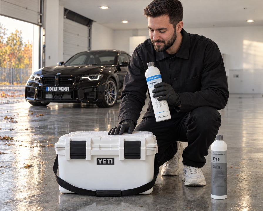 Daniel from Detailing1 with COLOURLOCK Pol Star at the YETI LoadOut GoBox 30, next to Koch-Chemie Plast Star Pss, BMW M2