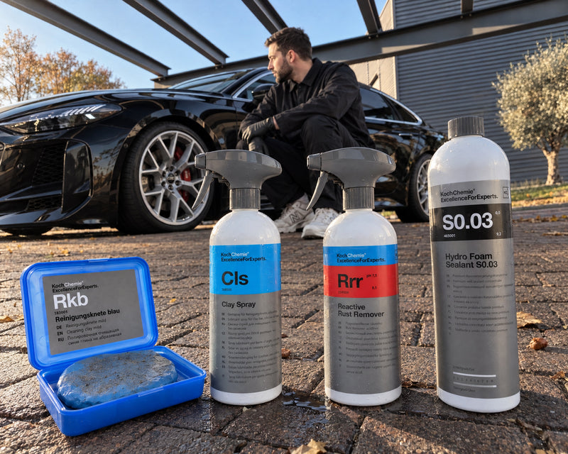 Detailing1 clay kit — Koch-Chemie Rkb, Clay Spray Cls, Rrr iron fallout remover and S0.03 in front of the Audi RS 5