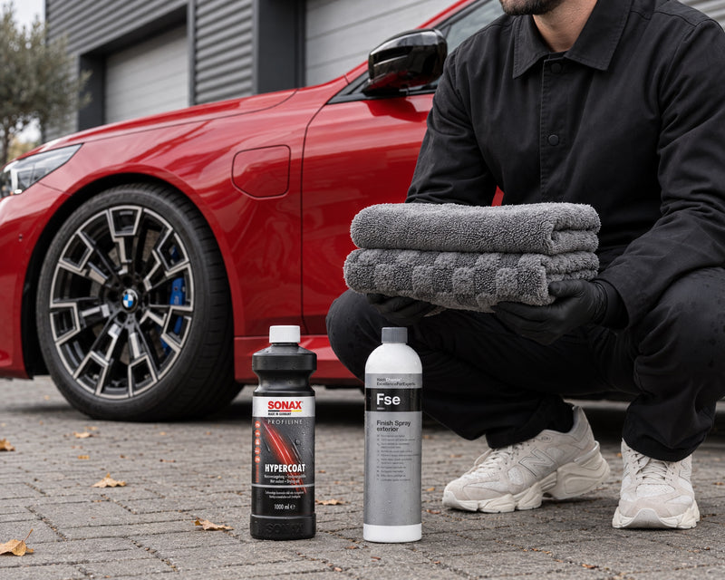 Detailing1 drying setup — Aqua drying towel, Koch-Chemie Pro Drying Towel, SONAX HyperCoat and Fse on the red BMW M5