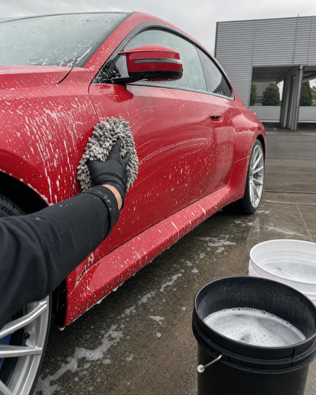 Detailing1 Handwäsche - weicher Mikrofaser-Waschhandschuh nimmt aufgeweichten Honigtau schonend vom roten BMW M2 ab