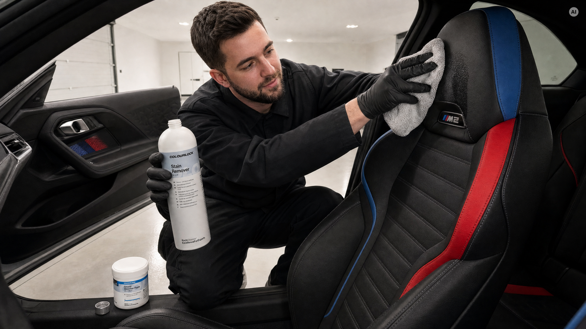 Fettfleck an der Kopfstütze wird behandelt — Fleckenentferner von COLOURLOCK bei Detailing1