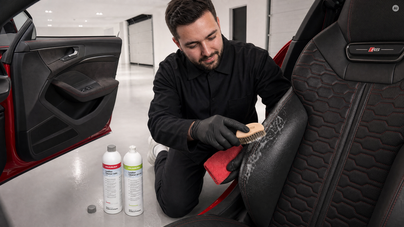 Foam in the seat bolster, mild and strong side by side — COLOURLOCK leather cleaners at Detailing1