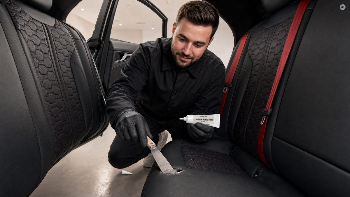 Spachtelmasse füllt ein Brandloch im Ledersitz — Spachtelmasse von COLOURLOCK bei Detailing1