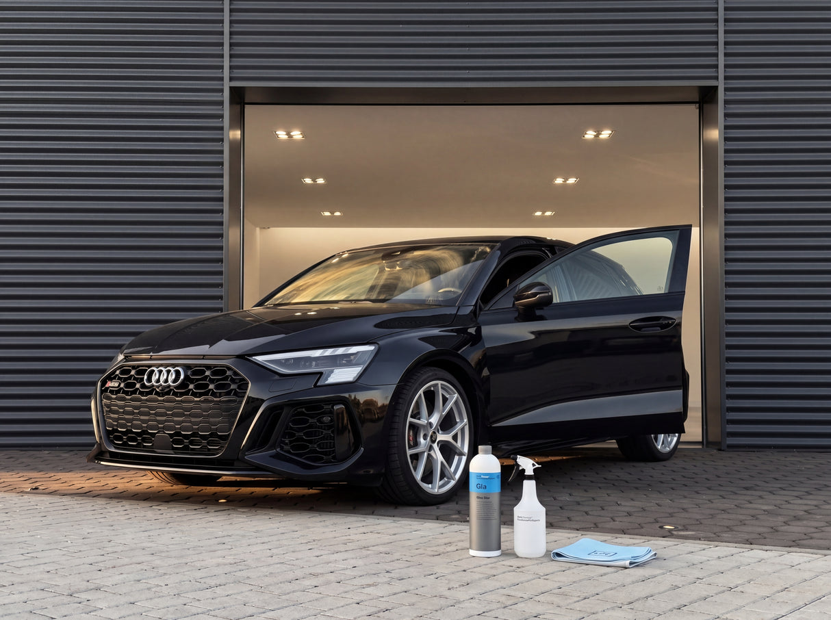 Koch-Chemie Glas Star Glasreinigerkonzentrat 1L Sprühflasche und Pro Glass Towel auf Pflasterstein vor schwarzem Audi RS3