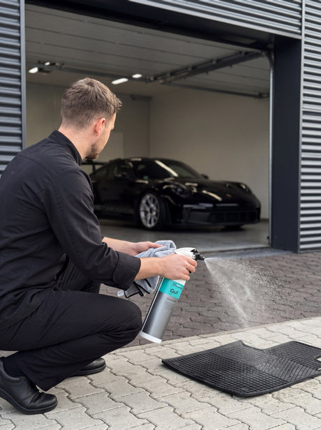 Koch-Chemie Gummifix mit Sprühkopf Star wird auf eine Gummi-Fußmatte aufgesprüht