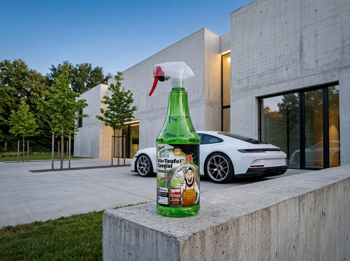 Alu-Teufel Spezial Grün Felgenreiniger-Gel vor weißem Porsche 911 GT3 RS